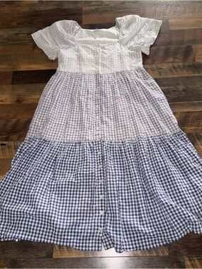 Madewell White and Blue Gingham Tiered Button-Front Maxi Dress